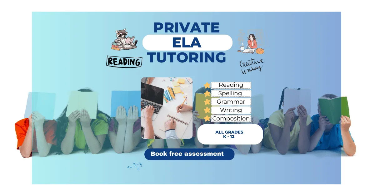 Student engaged in one-on-one English Language Arts tutoring session for K–12, focused on reading, writing, grammar, and comprehension.